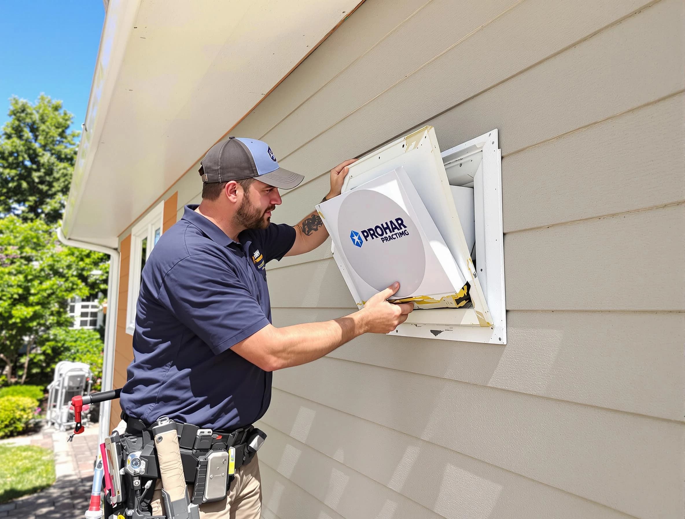 Austell Dryer Vent Cleaning technician installing a new protective dryer vent cover on a home in Austell