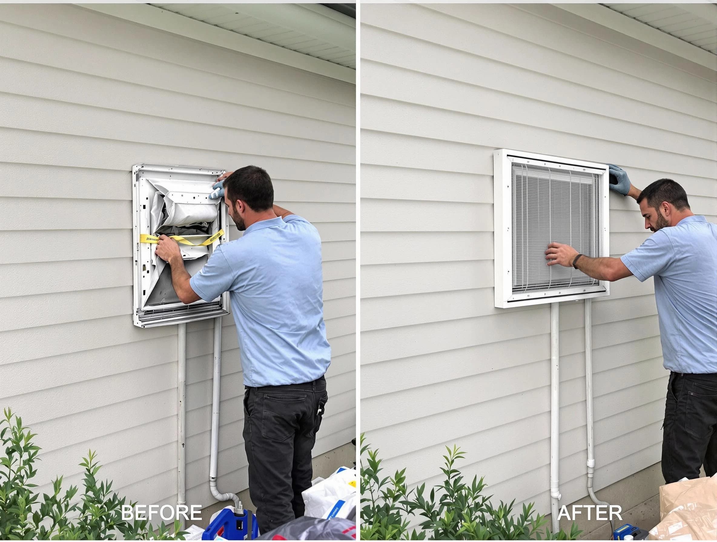 Austell Dryer Vent Cleaning technician installing high-quality dryer vent cover at a residential property in Austell