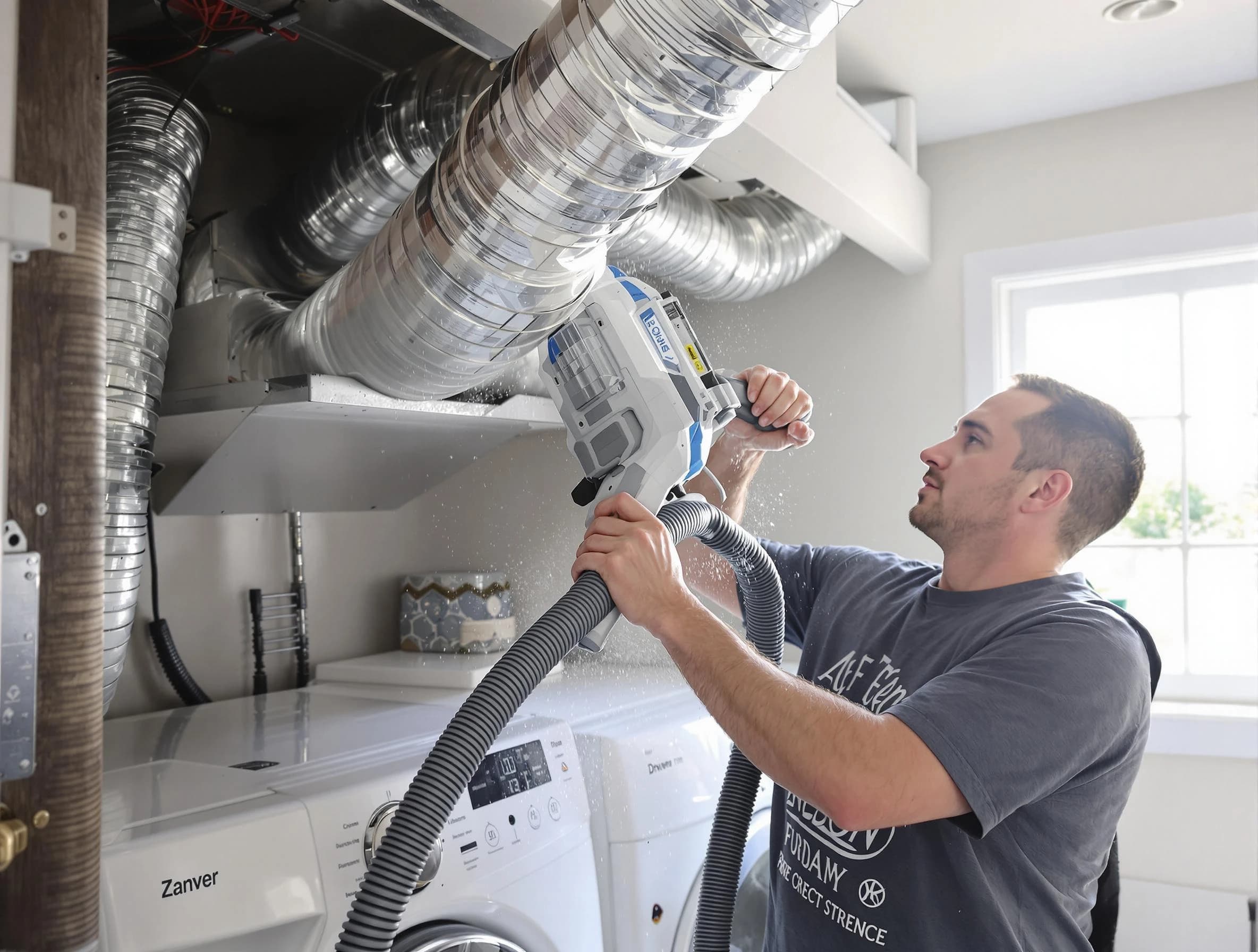 Austell Dryer Vent Cleaning specialist cleaning deep within a dryer vent duct system in Austell