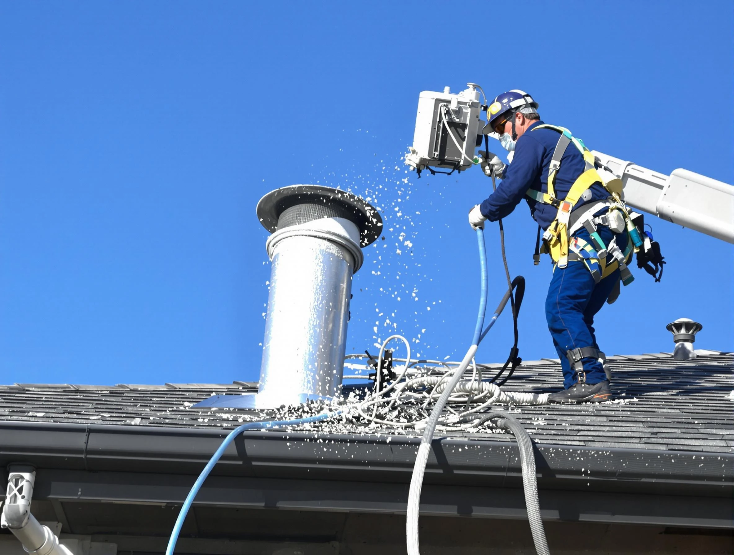 Austell Dryer Vent Cleaning certified technician safely cleaning a roof-mounted dryer vent in Austell