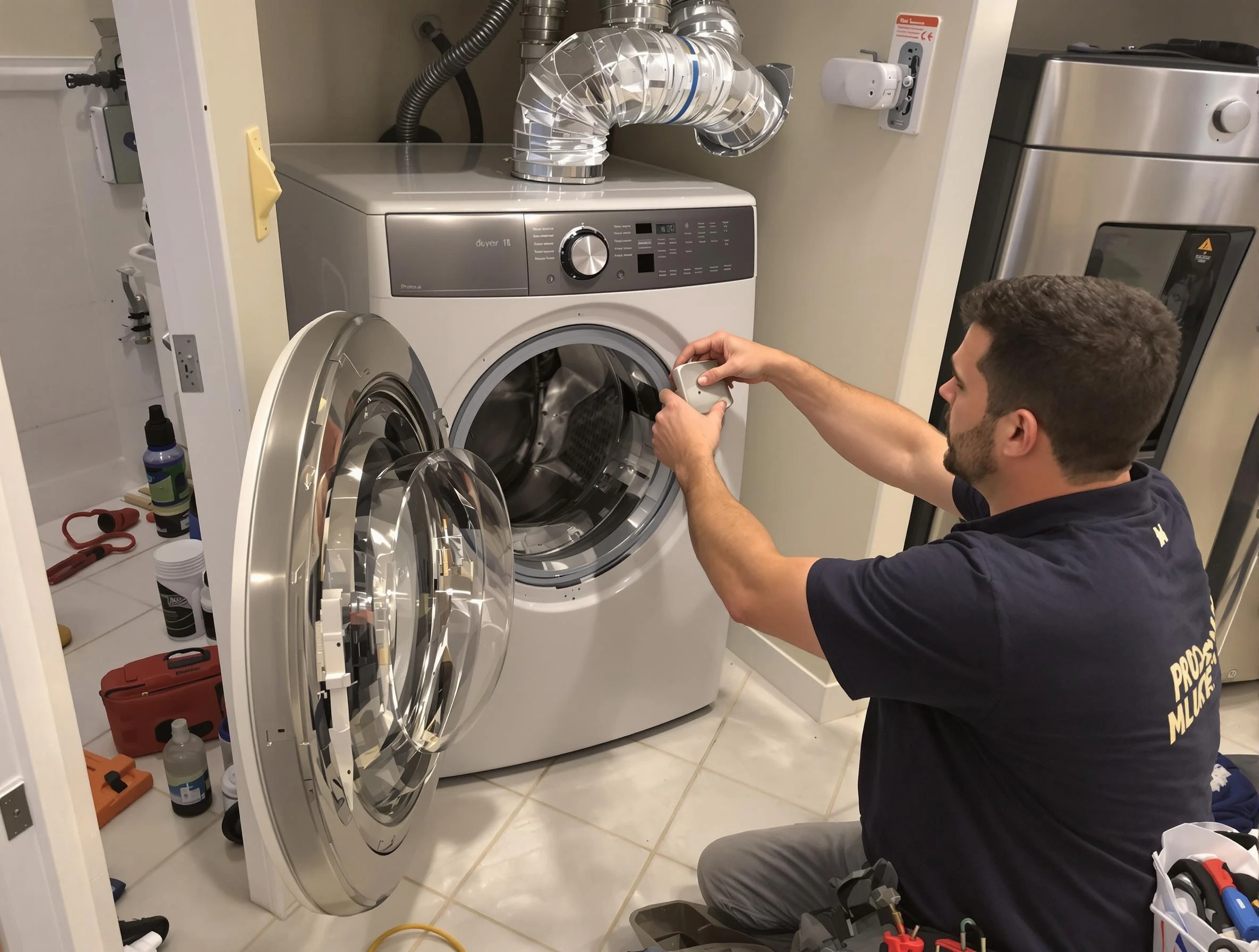 Austell Dryer Vent Cleaning technician performing precise dryer vent hose installation in Austell